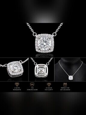 2.73CTW Moissanite Halo Pendant Necklace | .925 Sterling Silver | VVS D Color